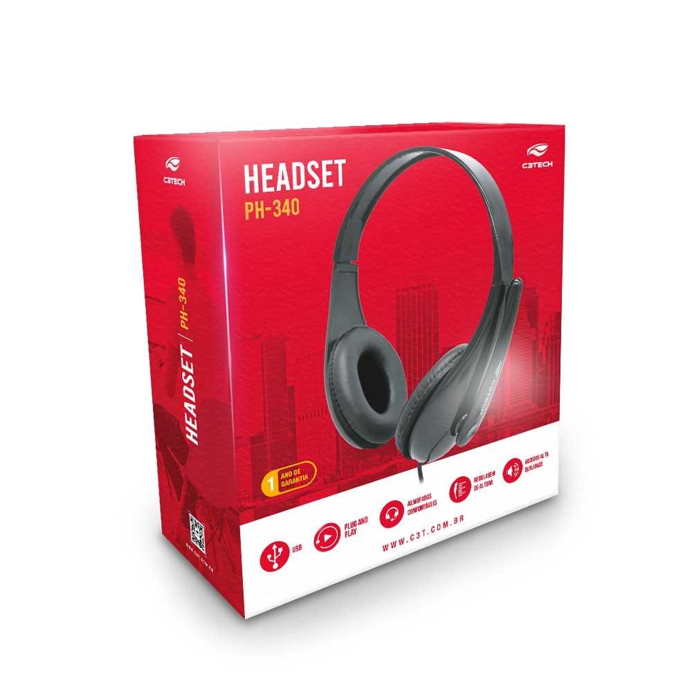 Headset com microfone C3 Tech, com Conexão USB, Preto, PH-340BK