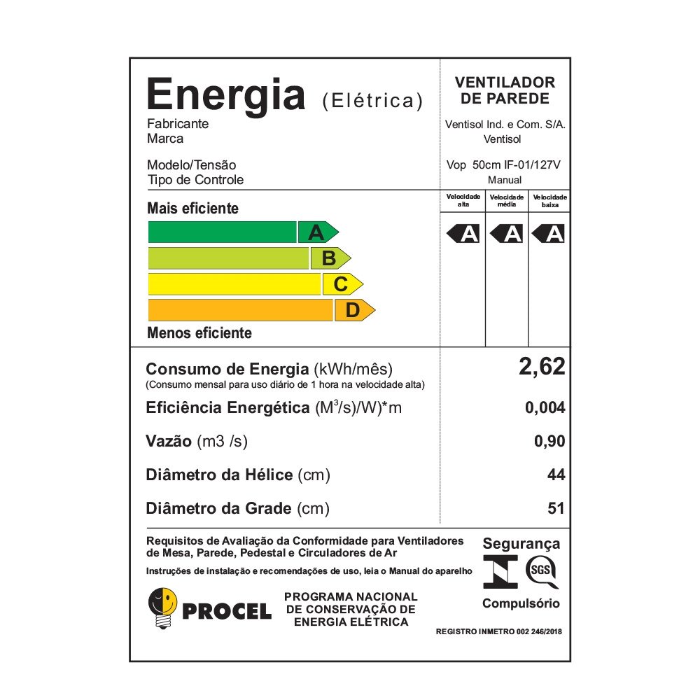 Ventilador de Parede Ventisol 50cm Monta Fácil, Três Velocidades, 6 Pás, Preto, 110V