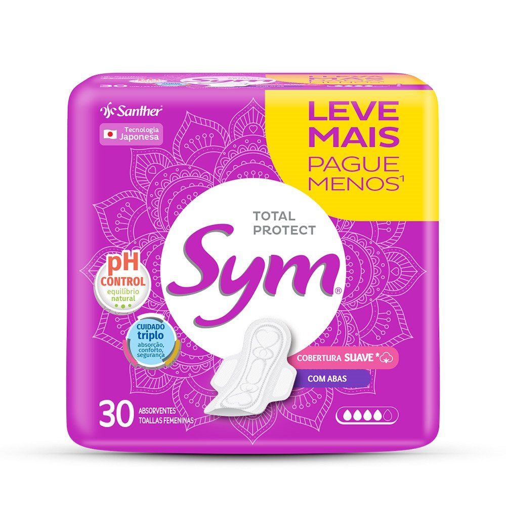 Absorvente Sym Cobertura Suave com Abas - Embalagem com 30 Unidades