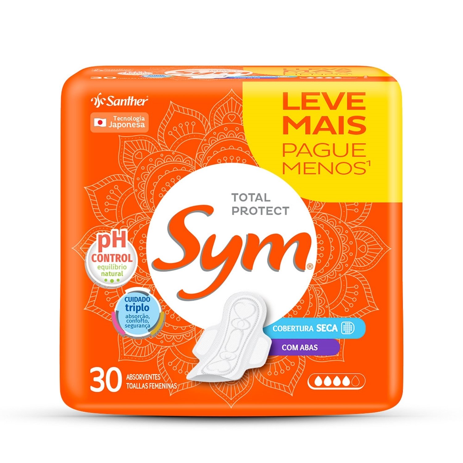 Absorvente Sym Cobertura Seca com Abas - Embalagem com 30 Unidades