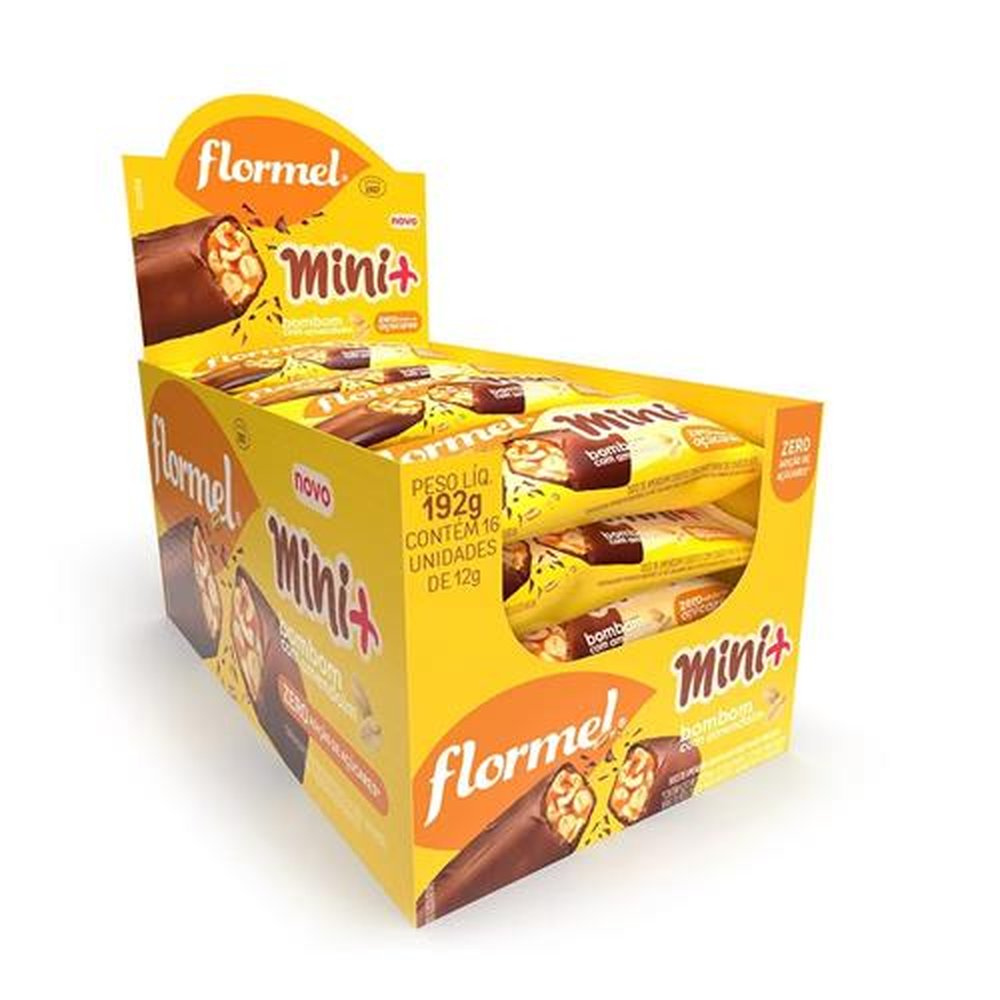 Bombom de Chocolate ao Leite MINI +, Recheado com Doce de Amendoim, Zero Açúcar - 16 Unidades de 12g cada