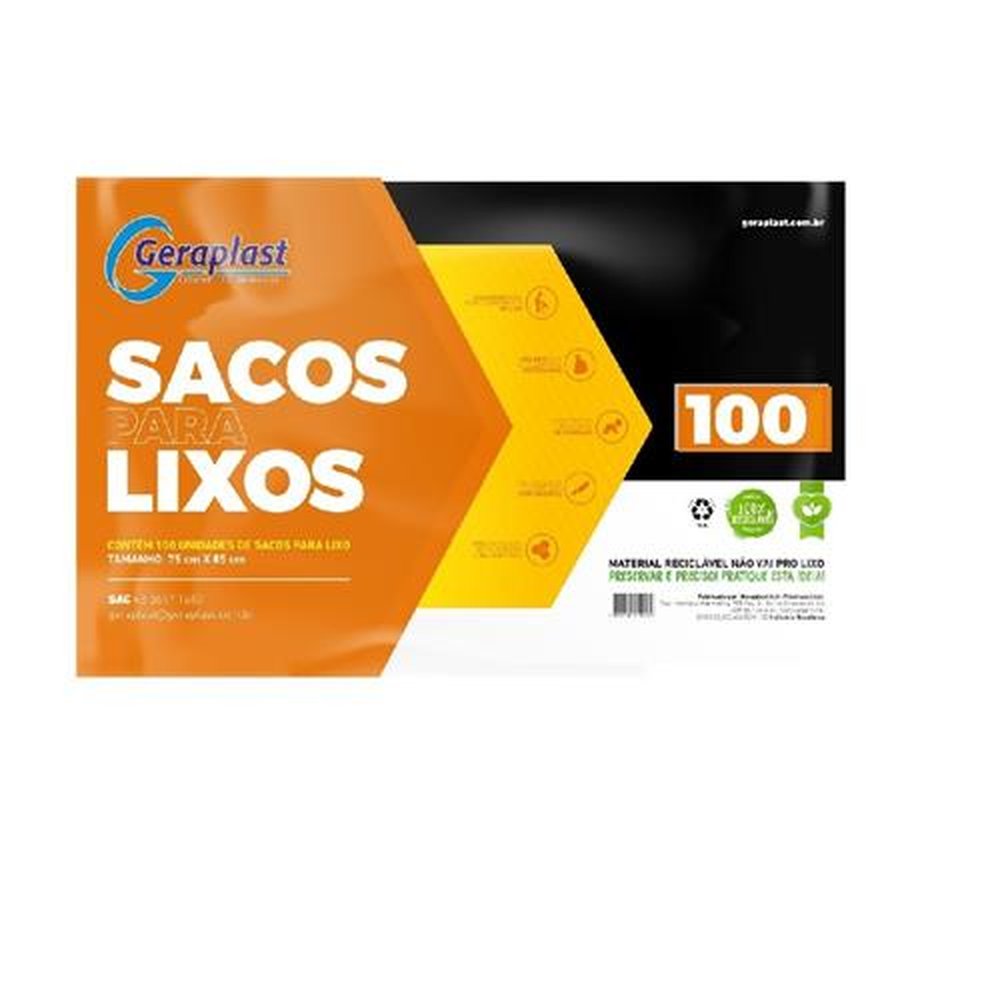 Saco De Lixo 100L com 100 unidades Preto 75X85X0,6 Geraplast.