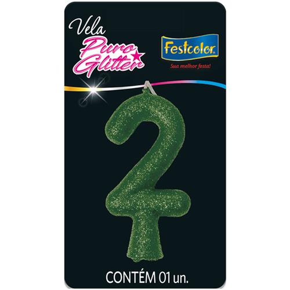 Vela Puro Glitter Verde N 2 - Embalagem com 1 unidade.