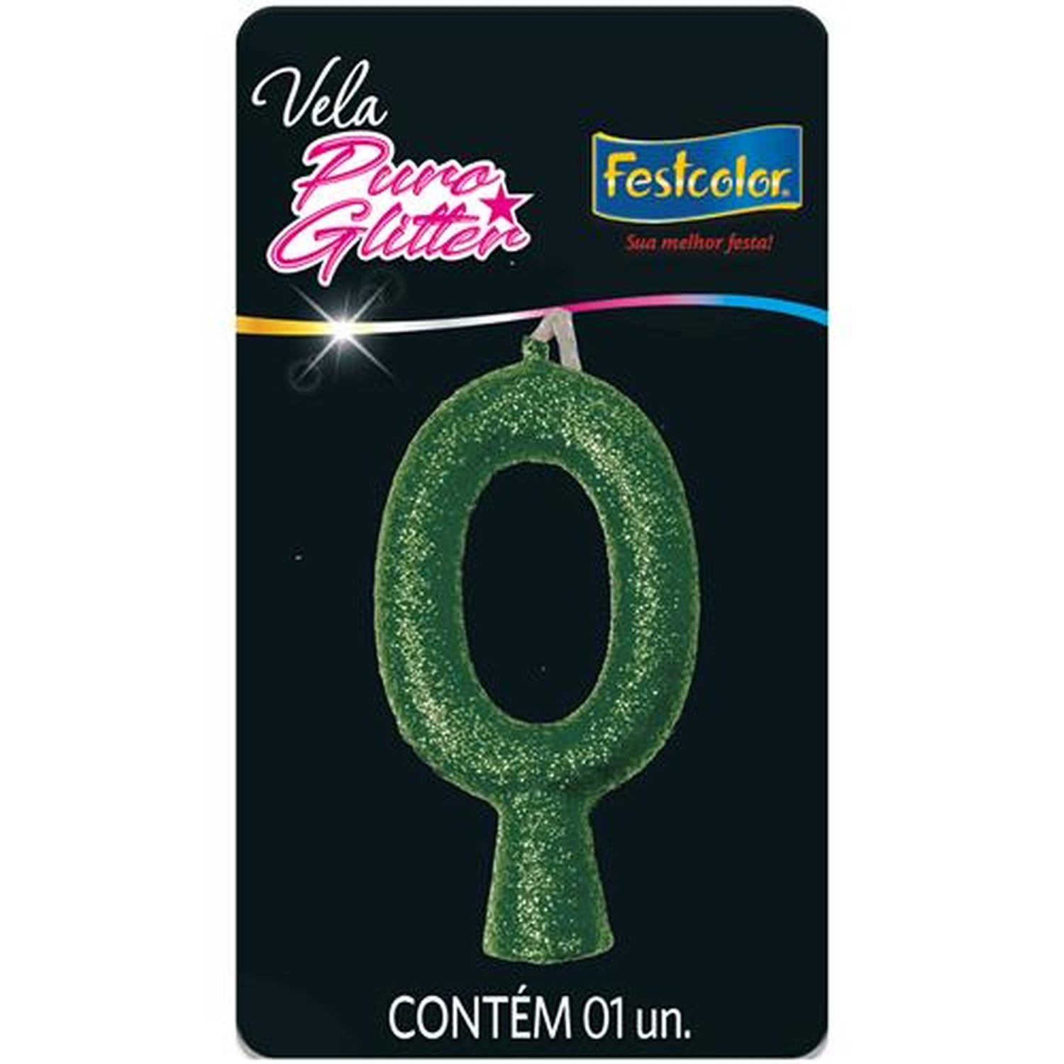 Vela Puro Glitter Verde N 0 - Embalagem com 1 unidade.