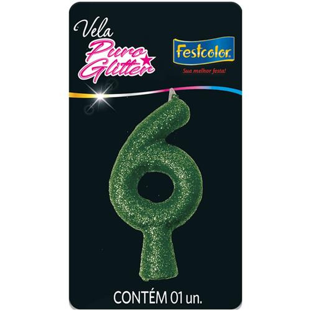 Vela Puro Glitter Verde N 6 - Embalagem com 1 unidade.