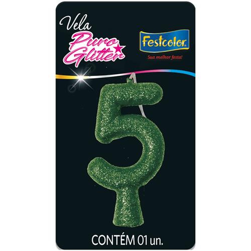 Vela Puro Glitter Verde N 5 - Embalagem com 1 unidade.