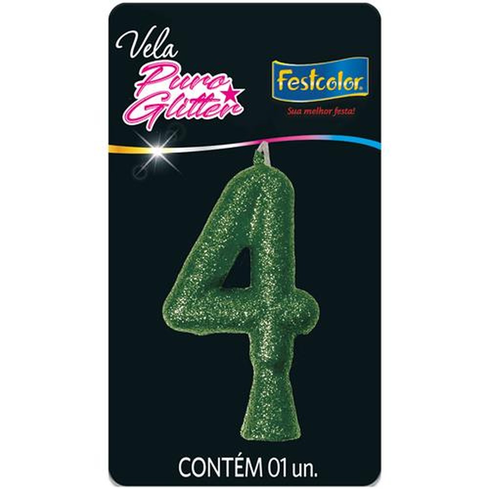 Vela Puro Glitter Verde N 4 - Embalagem com 1 unidade.