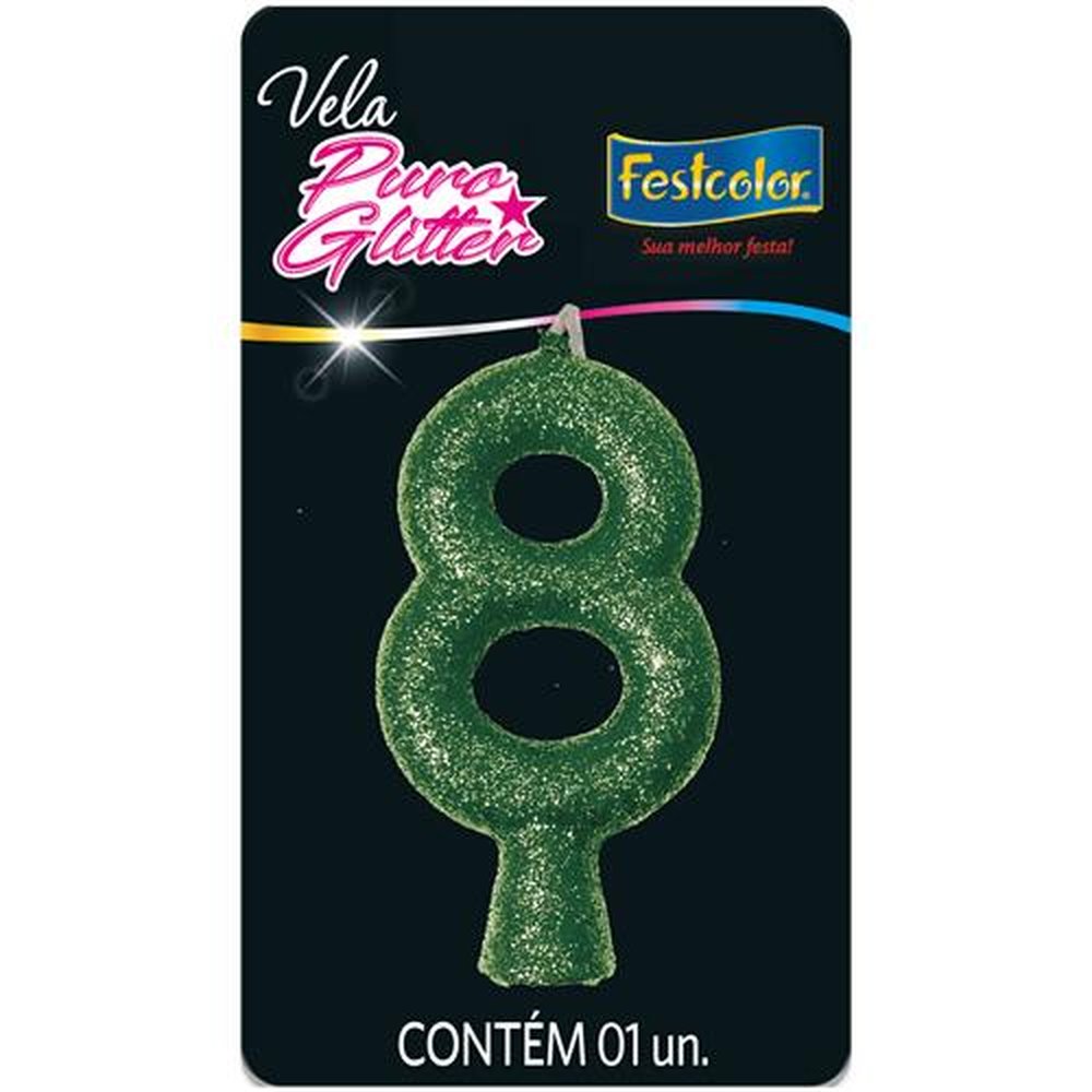 Vela Puro Glitter Verde N 8 - Embalagem com 1 unidade.