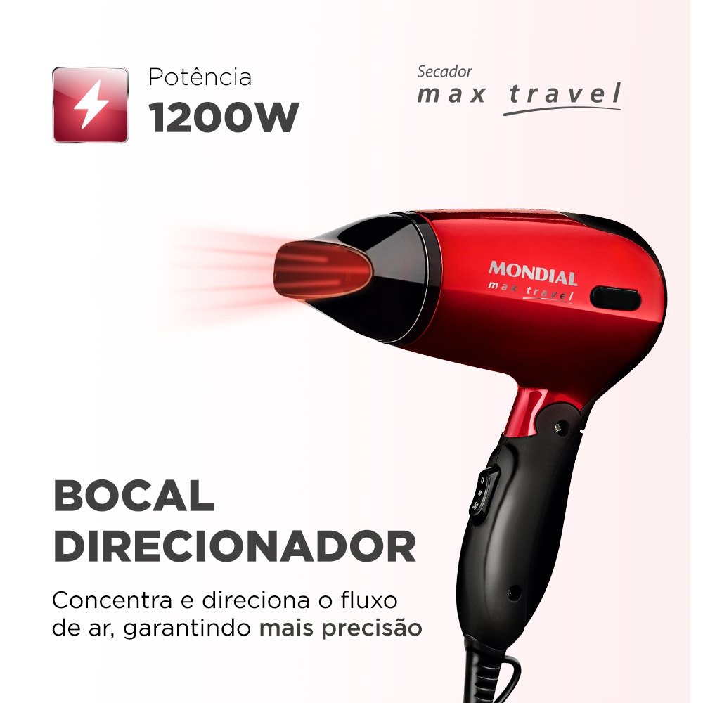 Secador de Cabelo Mondial Travel SC-10 Vermelho 2 Velocidades 2 Temperaturas 1200W Bivolt