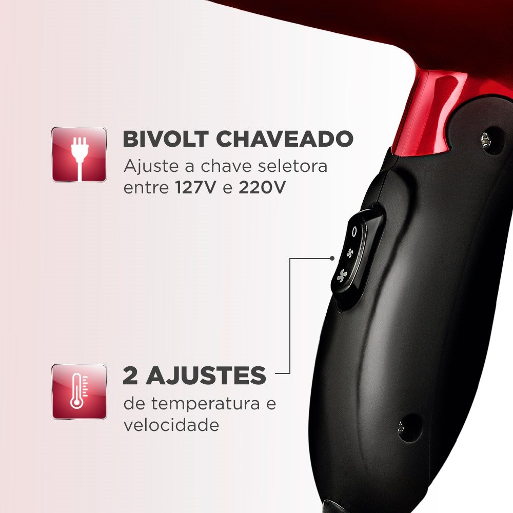 Secador de Cabelo Mondial Travel SC-10 Vermelho 2 Velocidades 2 Temperaturas 1200W Bivolt