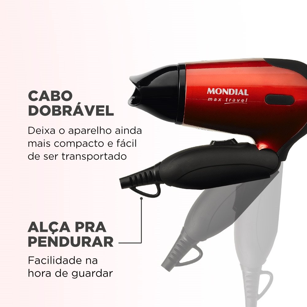 Secador de Cabelo Mondial Travel SC-10 Vermelho 2 Velocidades 2 Temperaturas 1200W Bivolt
