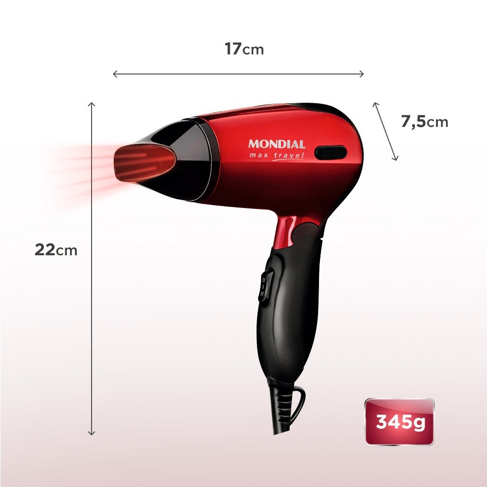 Secador de Cabelo Mondial Travel SC-10 Vermelho 2 Velocidades 2 Temperaturas 1200W Bivolt