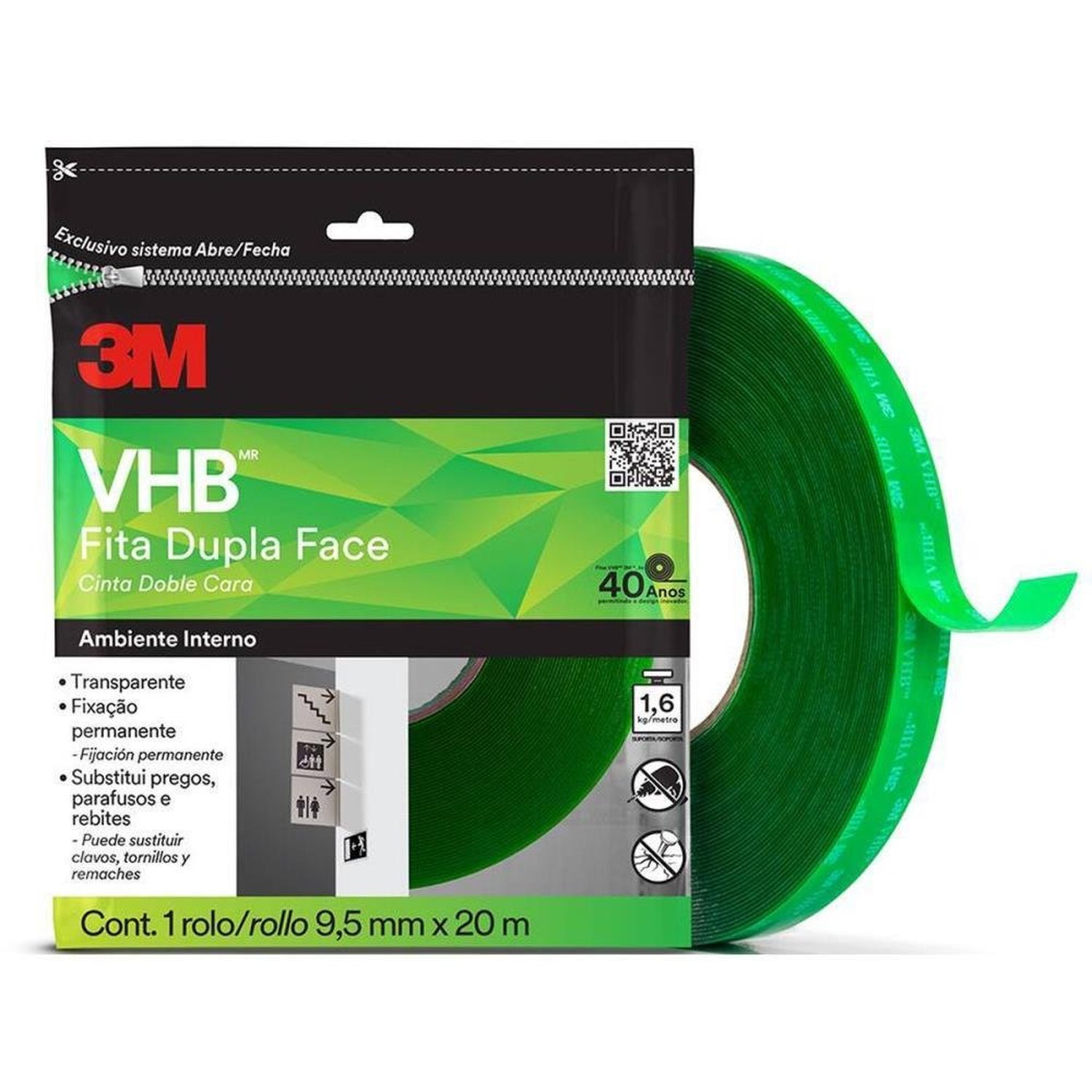 Fita Fixa Forte 3M Vhb 4910 Transparente/Verde 12Mm X 20M