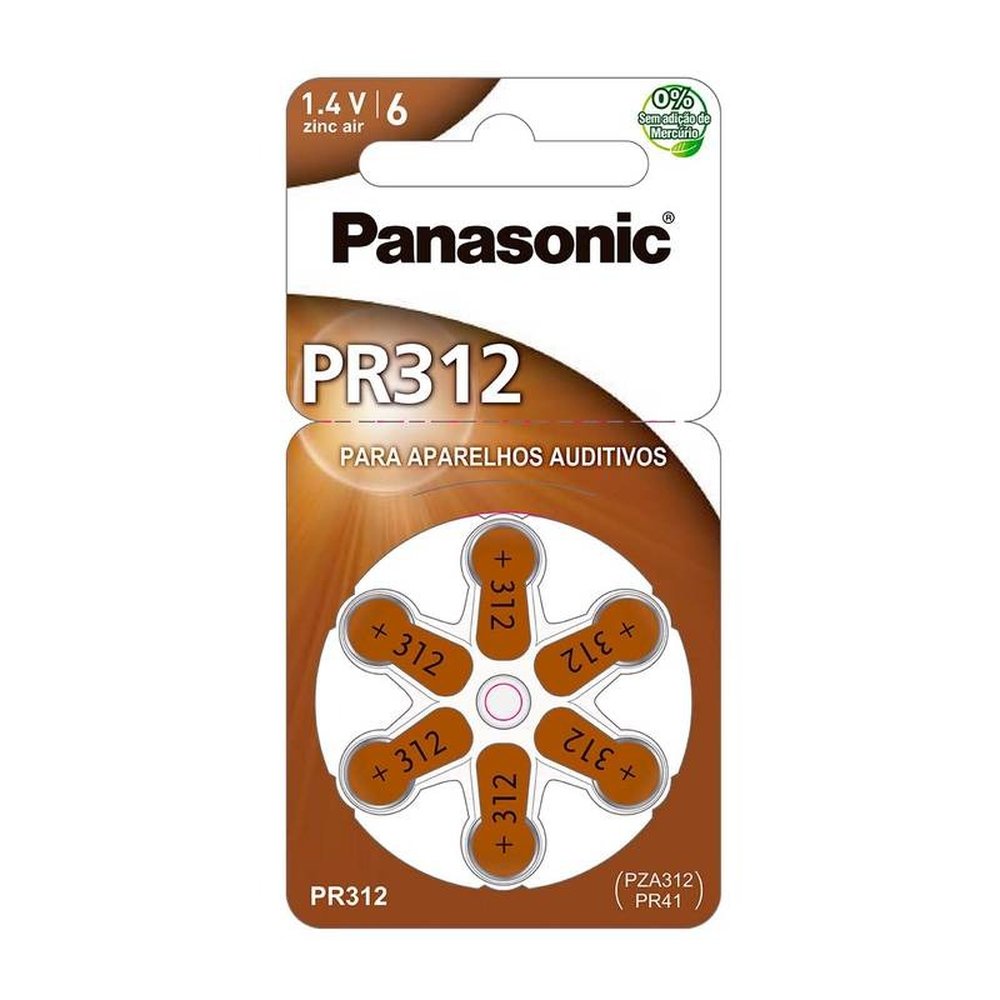 Pilha Zinco Auditiva 1,4V PR312H Panasonic - Cartela com 6 pilhas