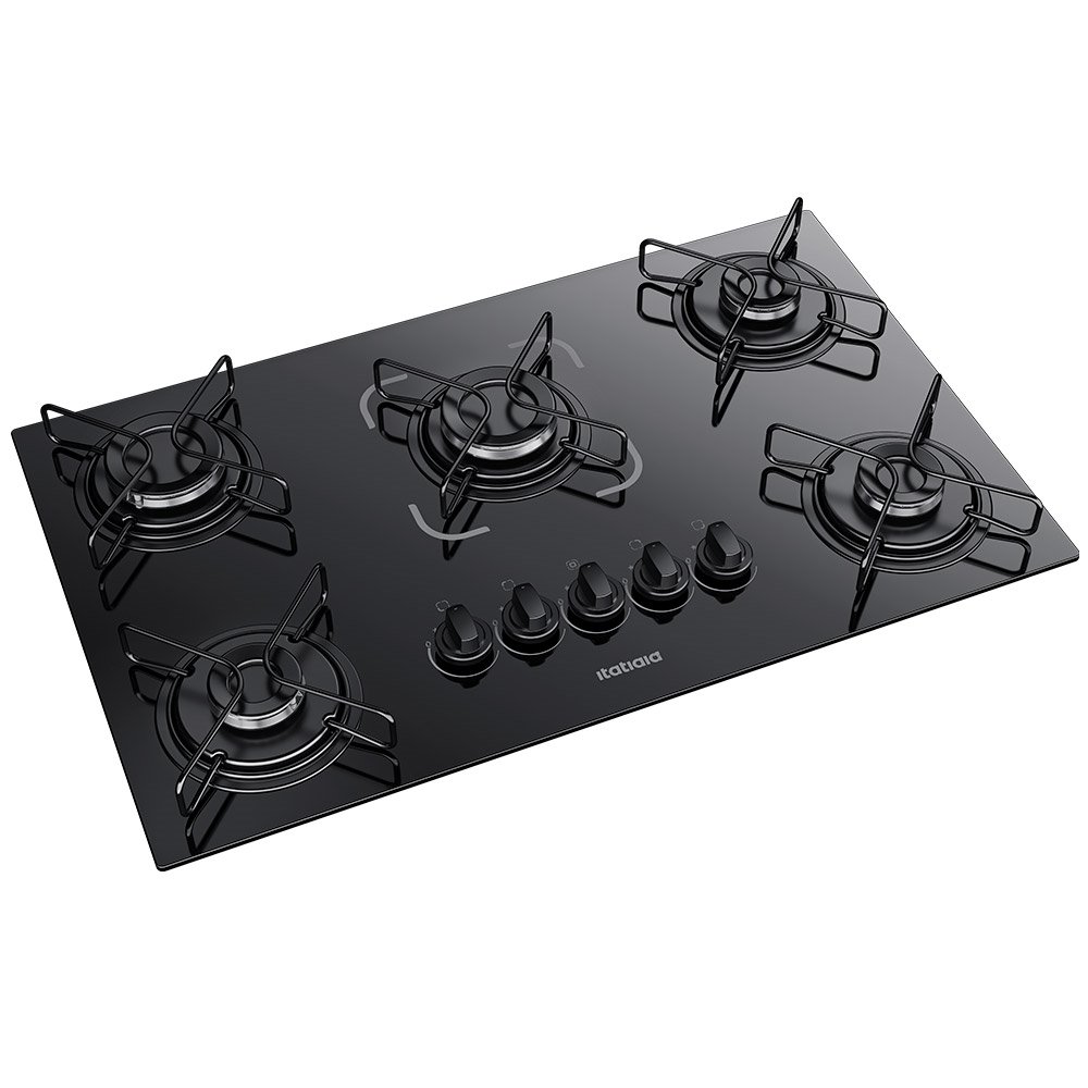Cooktop a Gás 5 Bocas Itatiaia Essencial - Mesa de Vidro Temperado, Preto, Bivolt