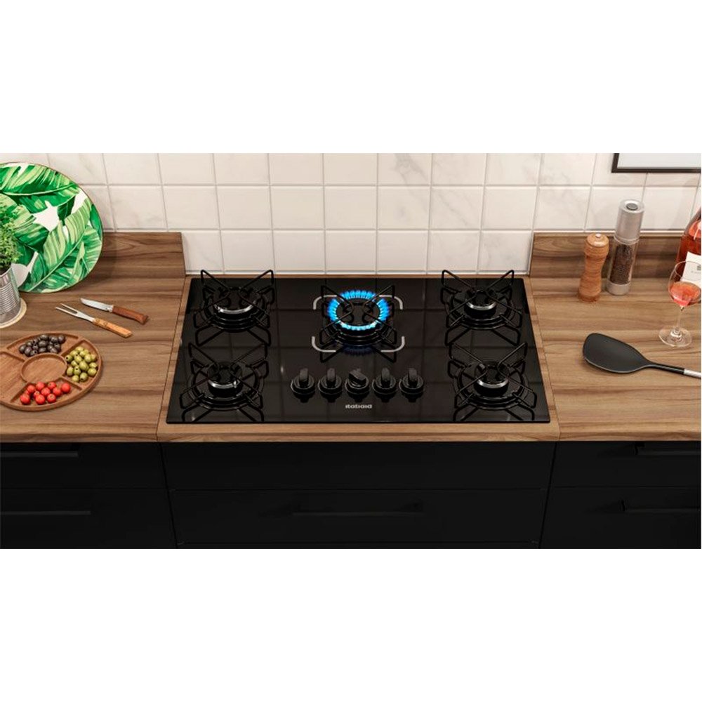 Cooktop a Gás 5 Bocas Itatiaia Essencial - Mesa de Vidro Temperado, Preto, Bivolt