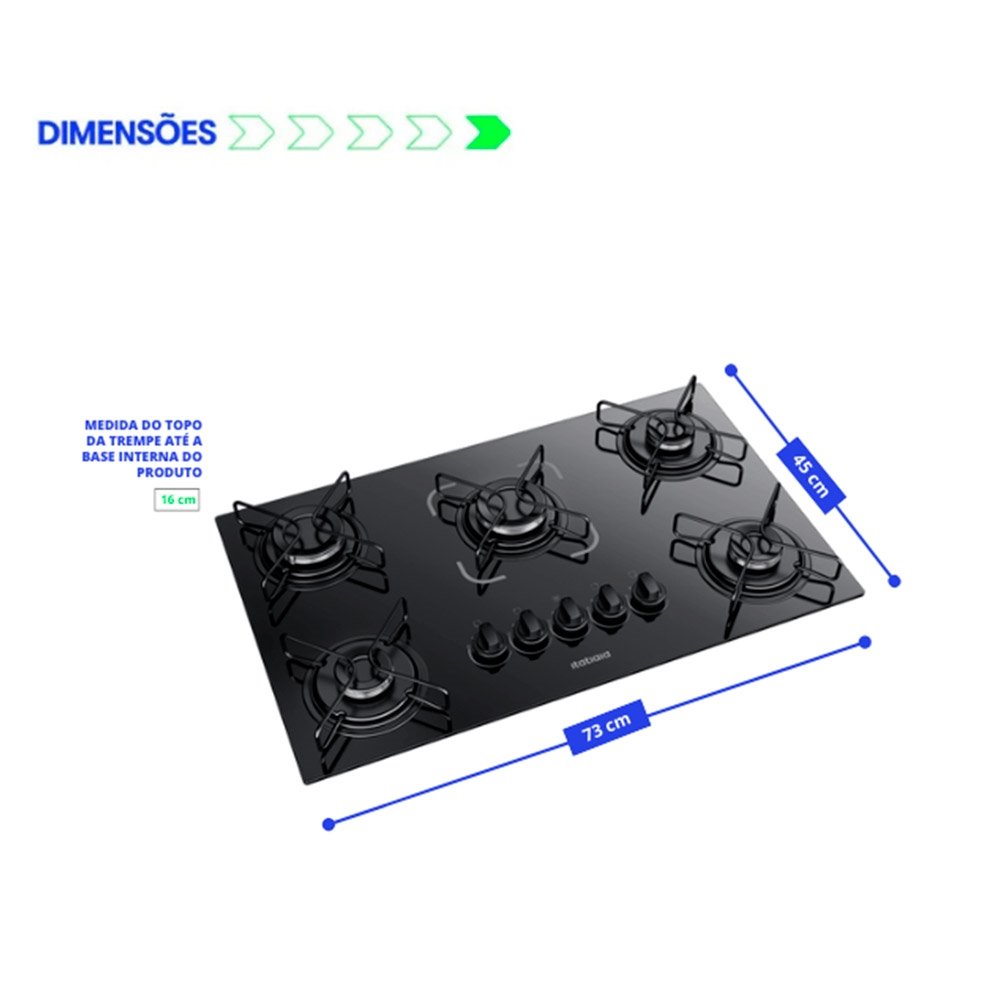 Cooktop a Gás 5 Bocas Itatiaia Essencial - Mesa de Vidro Temperado, Preto, Bivolt