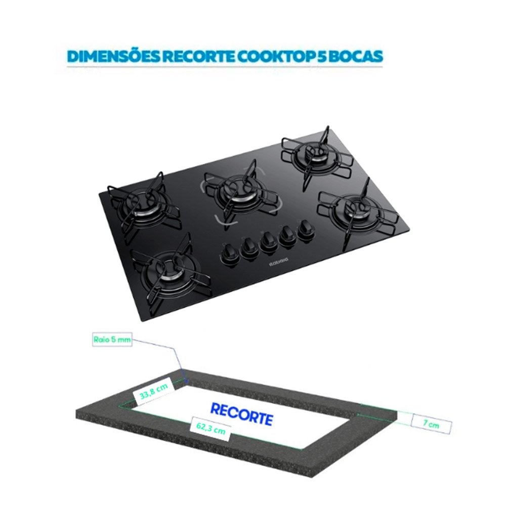 Cooktop a Gás 5 Bocas Itatiaia Essencial - Mesa de Vidro Temperado, Preto, Bivolt