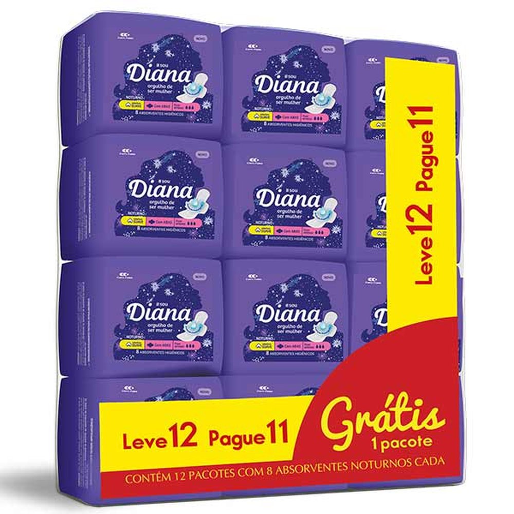 Absorvente Diana Noturno Suave Com Abas - 12 Pacotes Com 8 Unidades Cada - Pague 11 E Leve 12