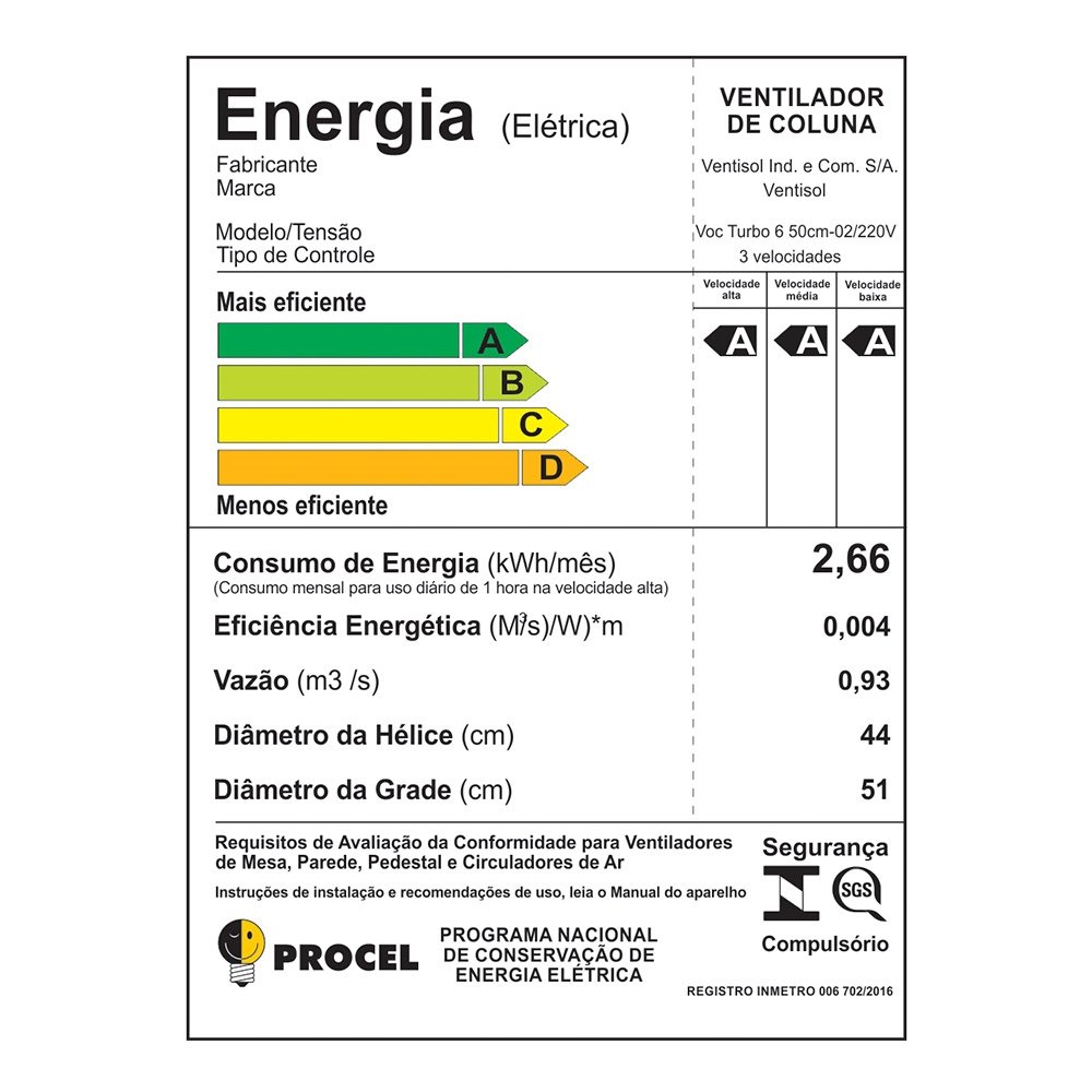 Ventilador de Coluna Ventisol 50cm Turbo 6, 3 Velocidades, 6 Pás, Preto, 220V