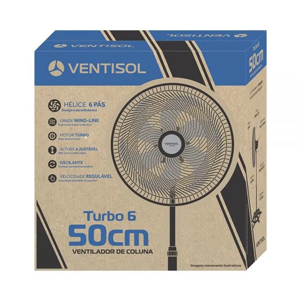 Ventilador de Coluna Ventisol 50cm Turbo 6, 3 Velocidades, 6 Pás, Preto