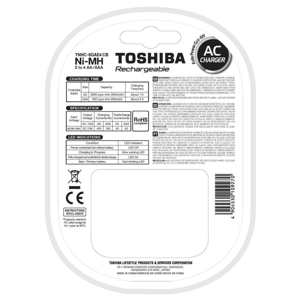 Carregador de Pilhas TNHC-6GAE4 CB Toshiba - Com 4 pilhas AA 2600mAh