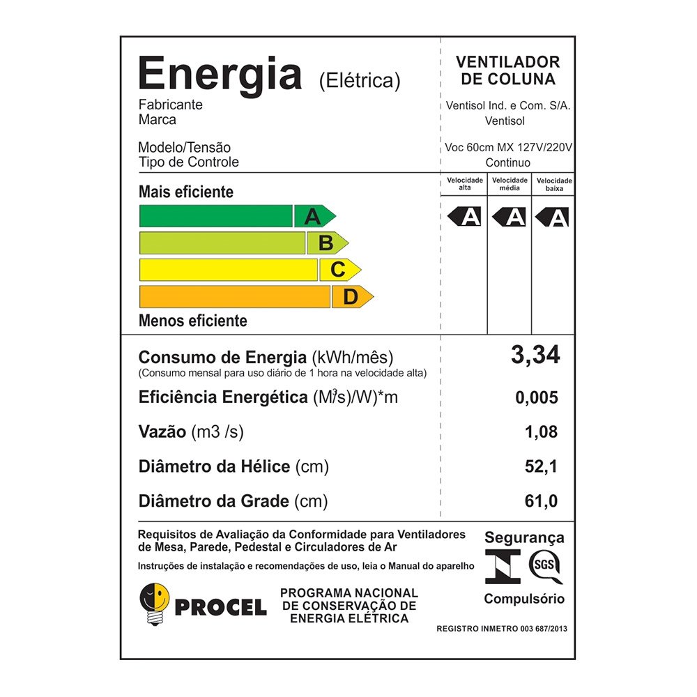 Ventilador de Coluna Ventisol Comercial 60cm, Ajuste Fino de Velocidade, 3 Pás, Preto, Bivolt