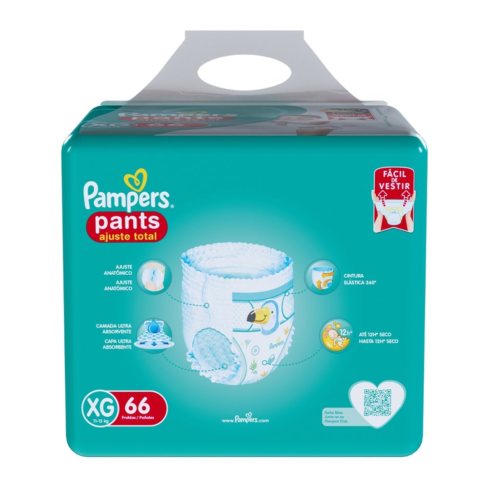 Fralda Descartável Pampers Pants Ajuste Total Top XG - 2 Pacotes com 66 Unidades - Total 132 Tiras