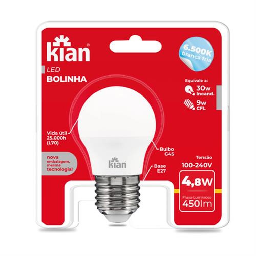 Lâmpada Led Bolinha 4,8W 6.500K Branca Fria Bivolt Kian
