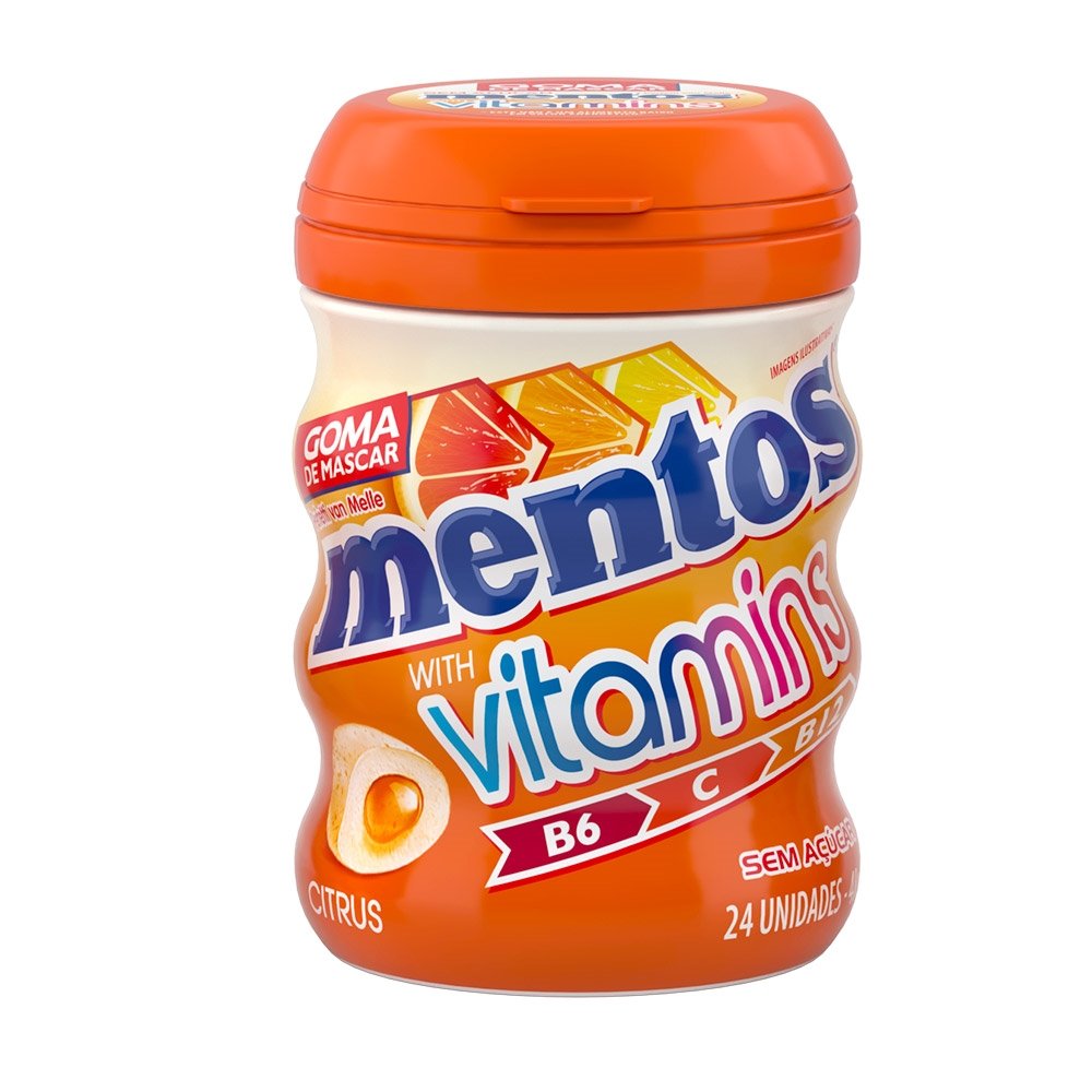Chiclete Mentos Gum Vitaminis Citrus Garrafa - Caixa com 6 Unidades