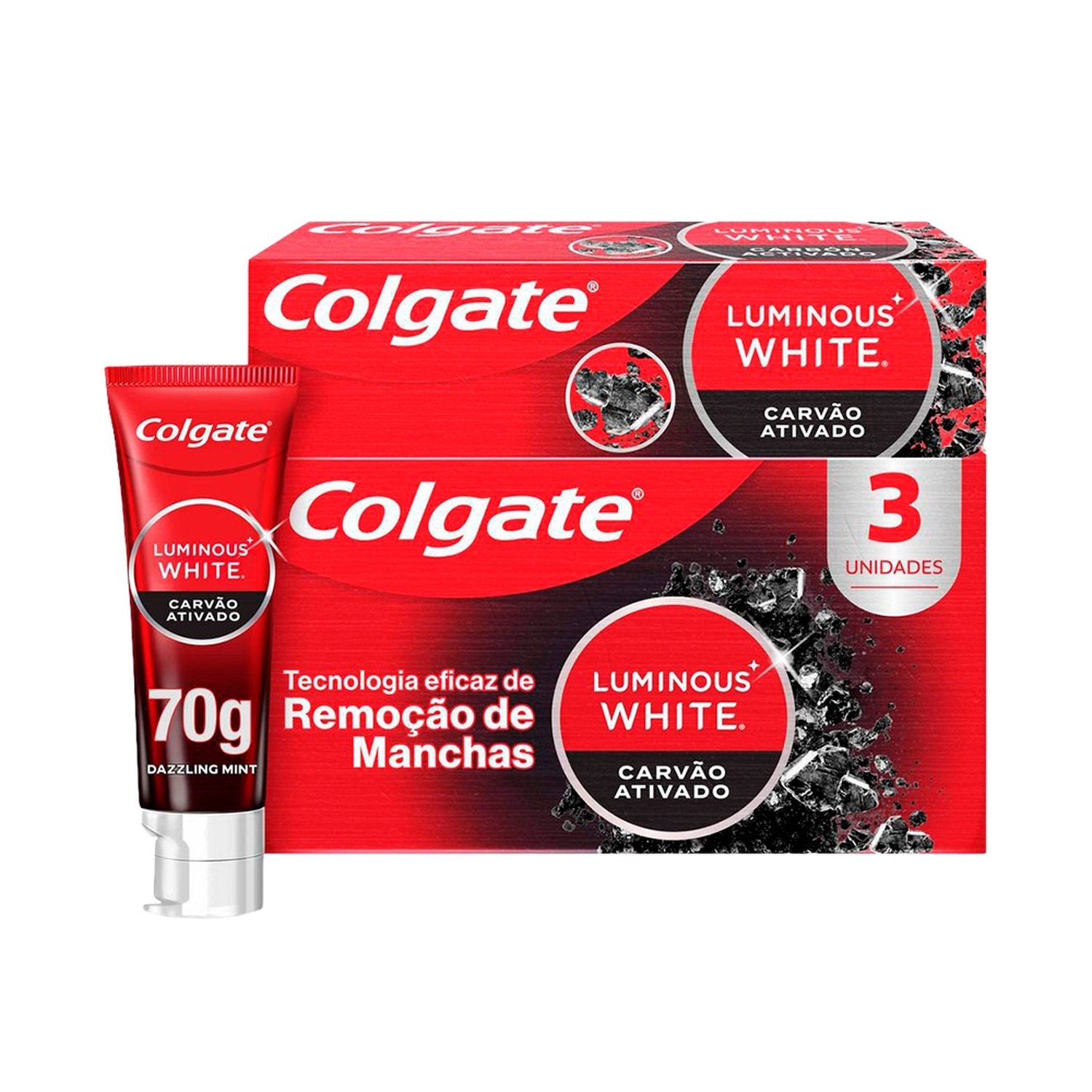 Creme Dental Colgate Luminous White Charcoal Carvão Ativado 70g - Embalagem com 3 Unidades