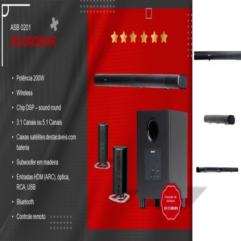 Soundbar Amvox ABS 0201 200W Bluetooth Cabo Óptico Hdmi Bivolt