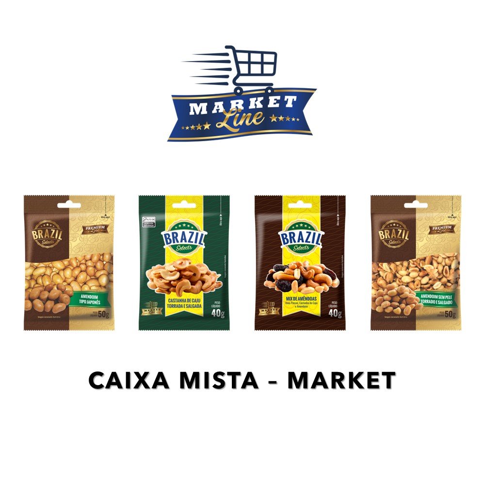 Caixa Mista Linha Market - Castanha de Caju Torrada com Sal 40g + Amendoim Torrado com Sal 50g + Amendoim Japonês 50g + Mix De Amêndoas 40g