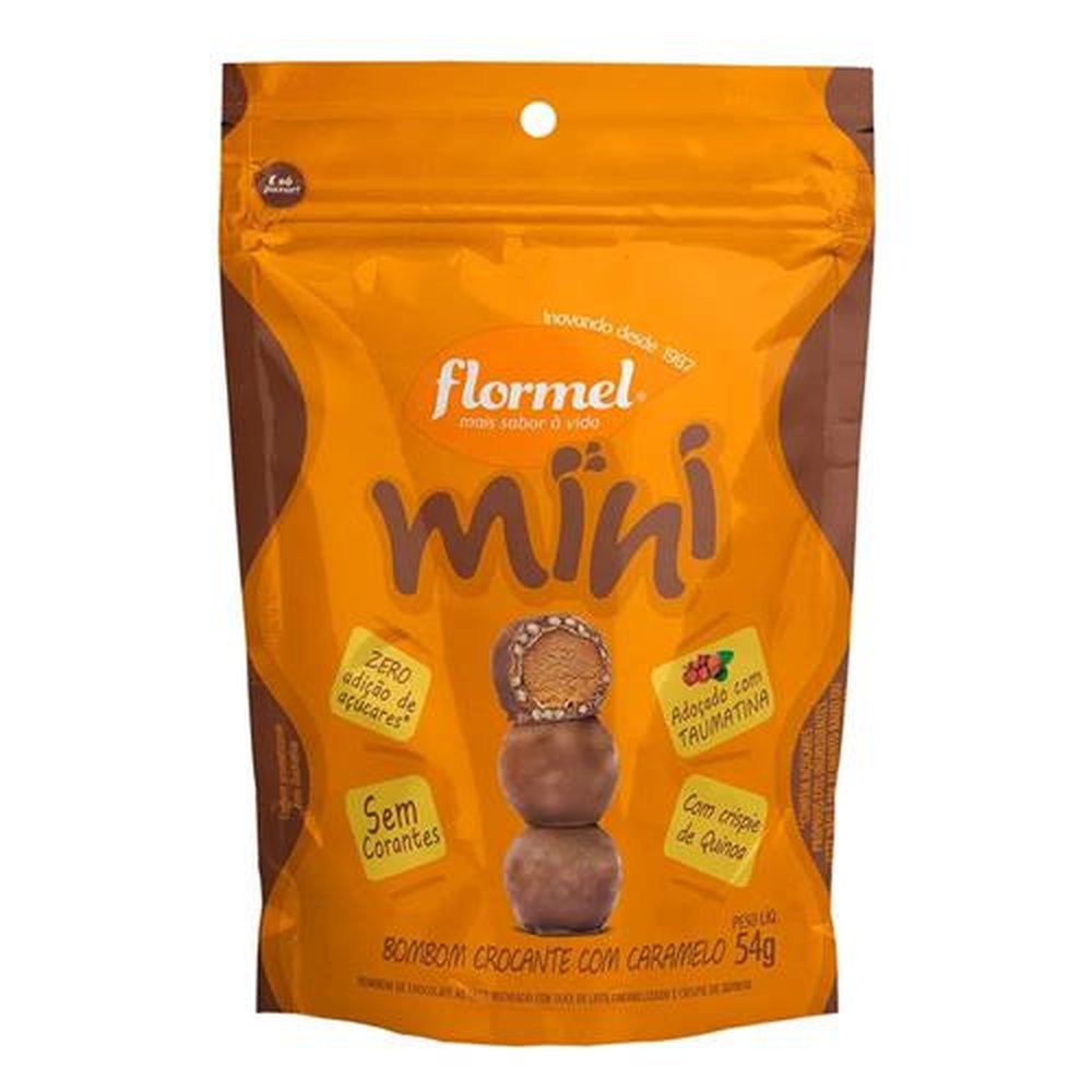 Bombom de Chocolate ao Leite, Recheado com Caramelo e Crispie de Quinoa Flormel, Zero Açúcar - 54g