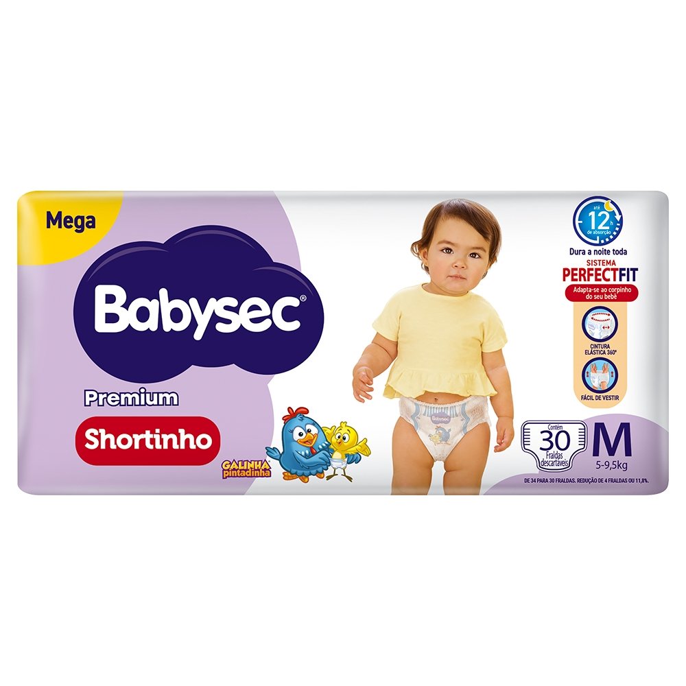 Fralda Descartável Babysec Shortinho Galinha Pintadinha Mega Tamanho M - 6 Pacotes com 34 Fraldas - Total 204 Tiras