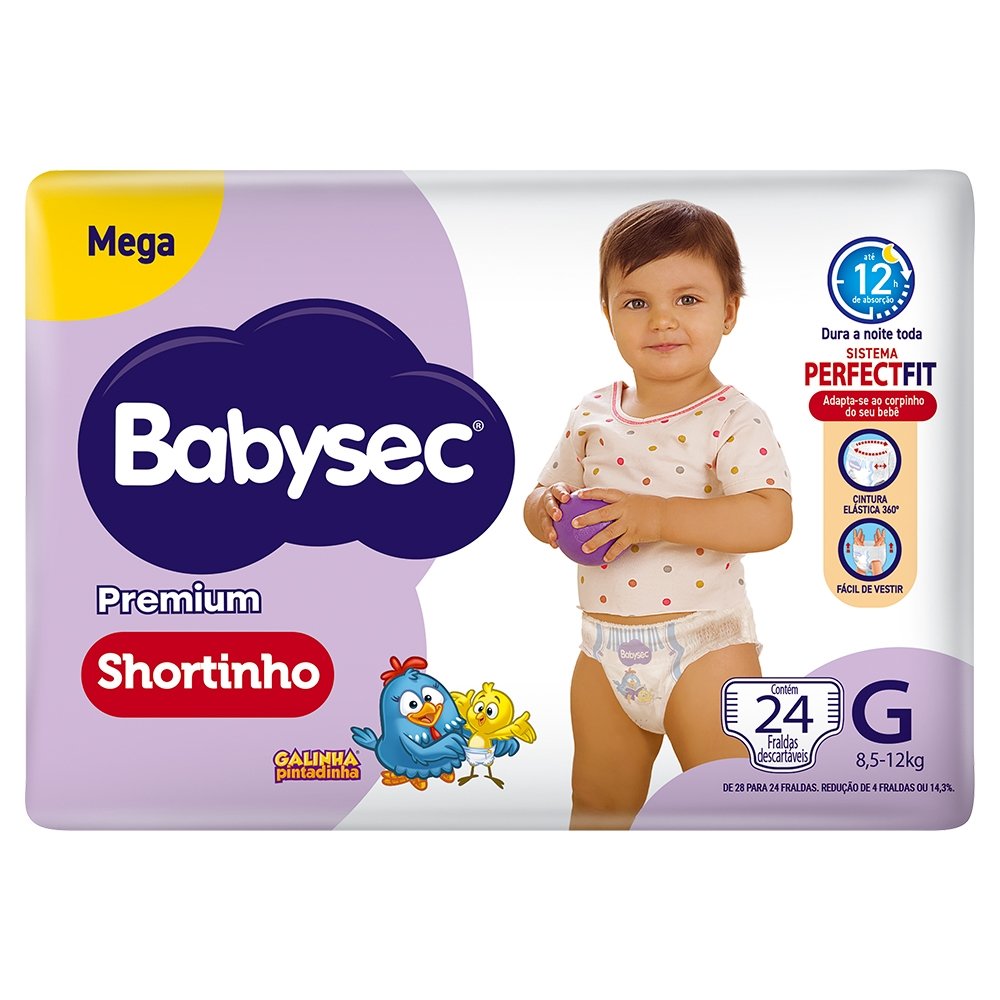 Fralda Descartável Babysec Shortinho Galinha Pintadinha Mega Tamanho G - 6 Pacotes com 24 Fraldas - Total 144 Tiras