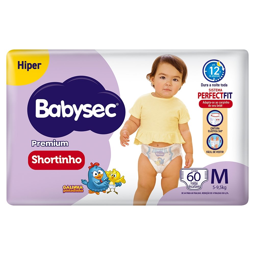 Fralda Descartável Babysec Shortinho Galinha Pintadinha Hiper Tamanho M - 2 Pacotes com 60 Fraldas - Total 120 Tiras