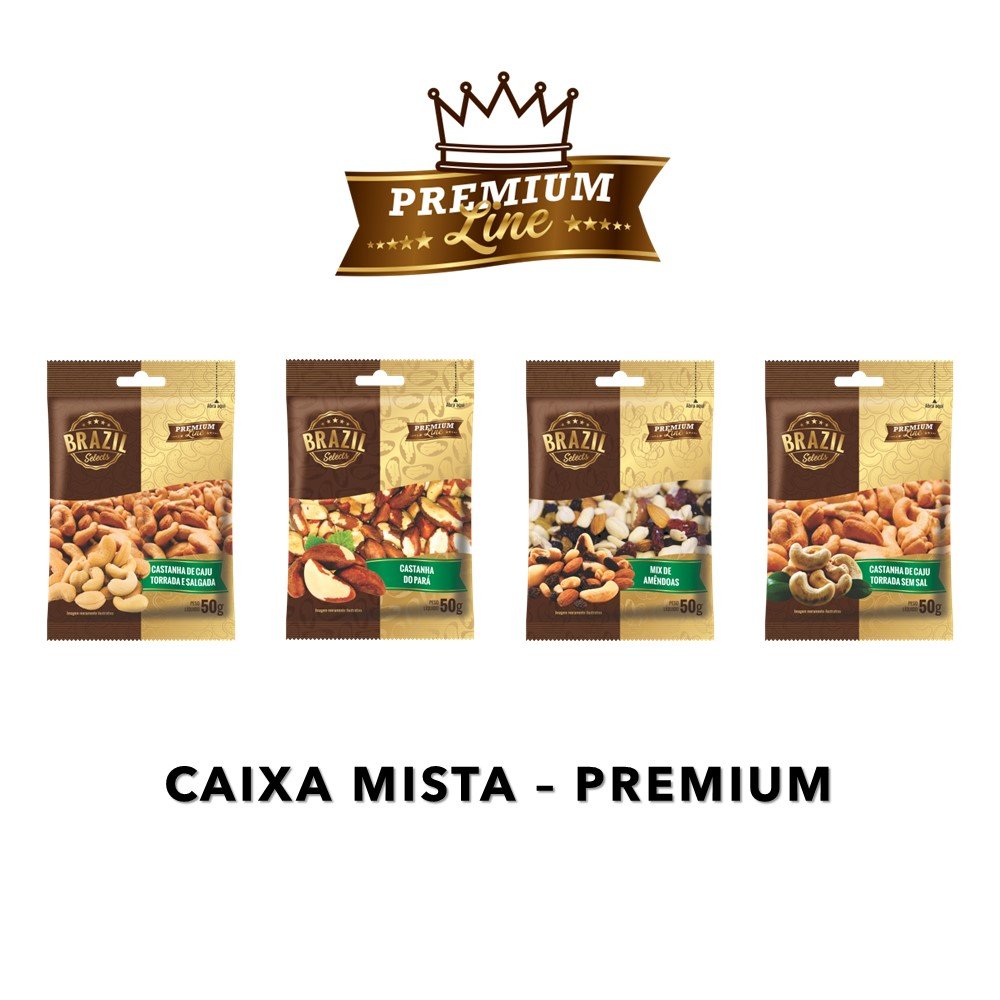 Caixa Mista Premium - Cast de Caju Torrada com Sal 50g + Cast de Caju Torrada sem Sal 50 + Castanha do Pará 50g + Mix De Amêndoas 50g