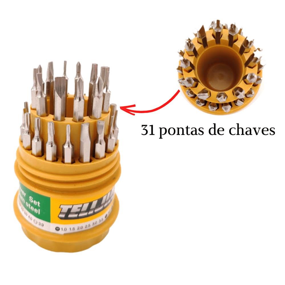 Jogo De Chave Ferramenta 31 Pontas Bits - Philips Fenda Torx Estrela Triangulo Y U