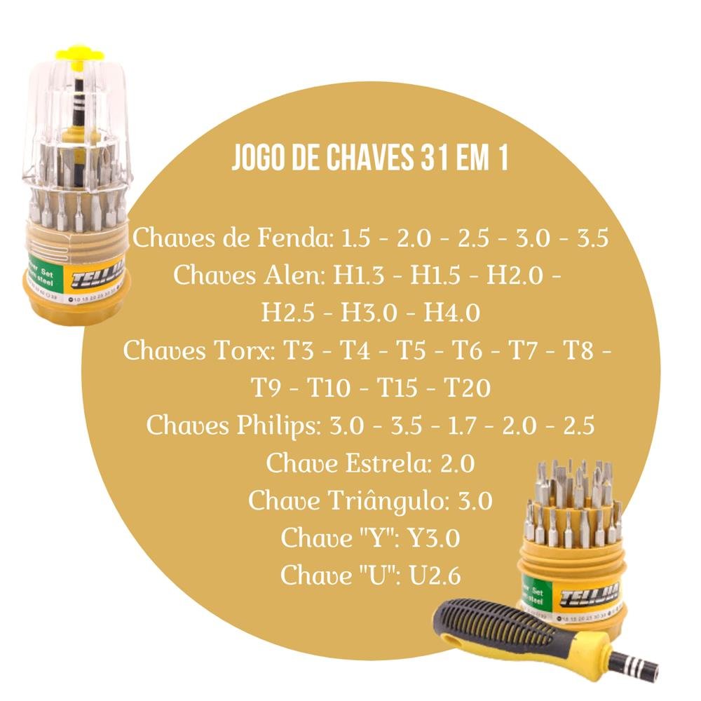 Jogo De Chave Ferramenta 31 Pontas Bits - Philips Fenda Torx Estrela Triangulo Y U