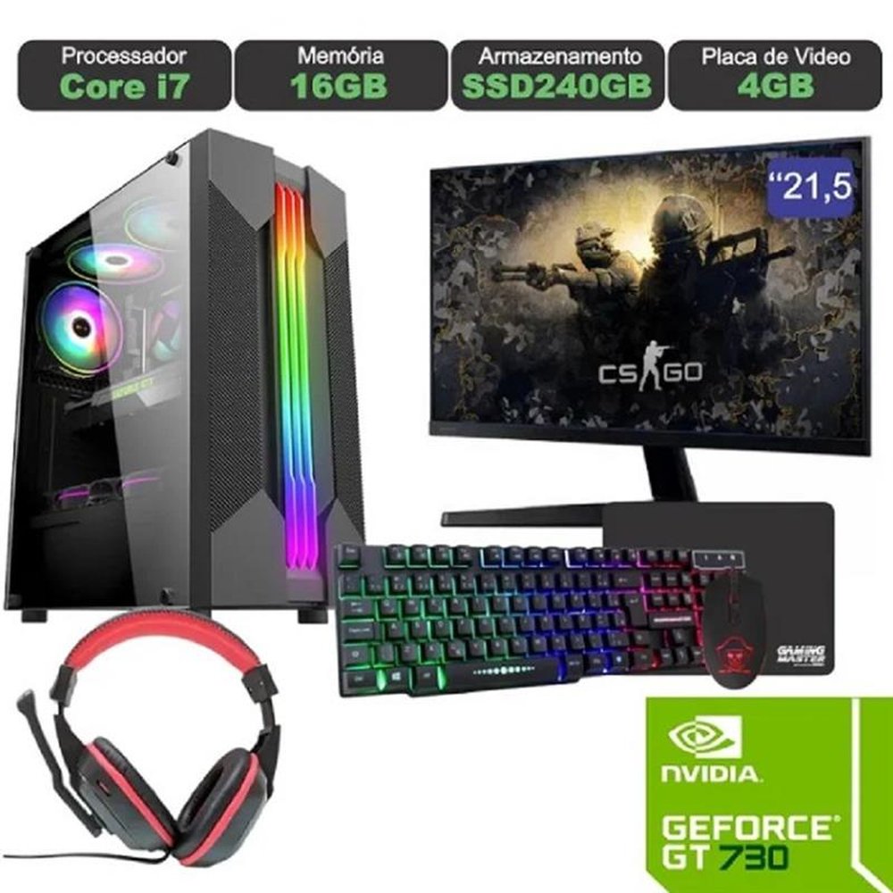 Computador Gamer TOB i7 SSD 960GB 16GB VGA GT730 4GB Windows 10 Pro Monitor 21.5
