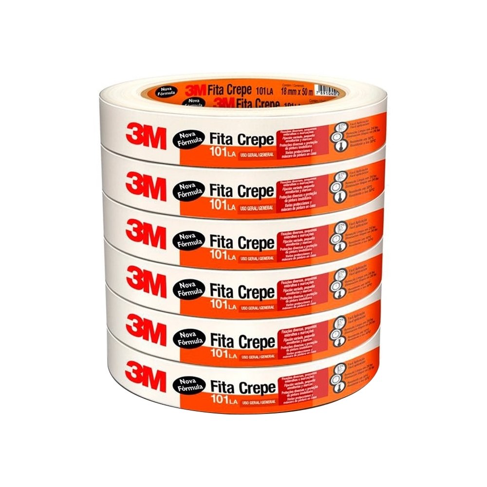 Fita Crepe 3M Uso Geral 101 LA Alta Resistência 18mmX50m - Embalagem com 6 Unidades