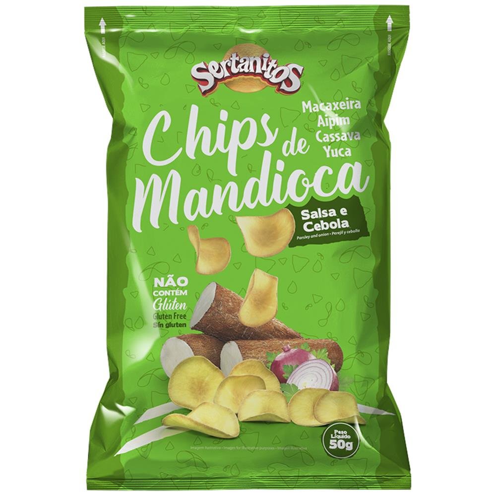Chips de Mandioca salsa/cebola com Sal Sertanitos 50g - Caixa com 20 pacotes