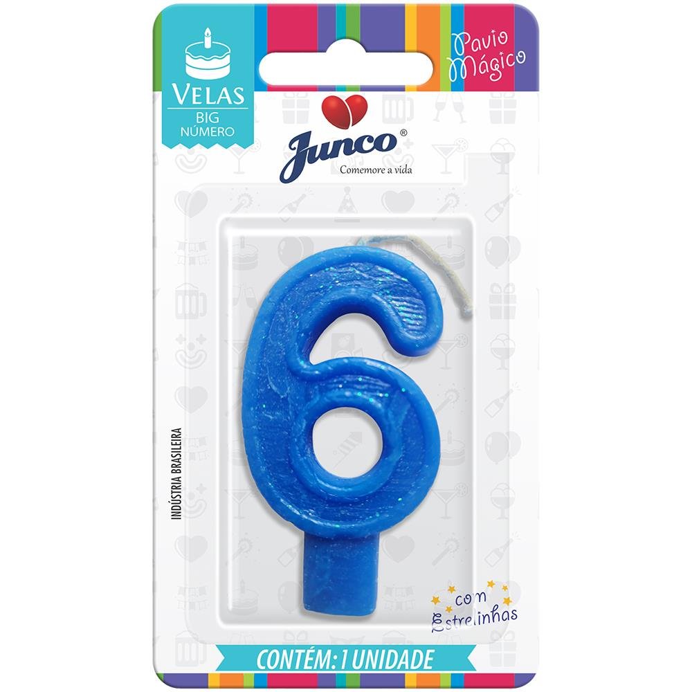 Vela Aniversário Big Número Azul Nº 6 Junco