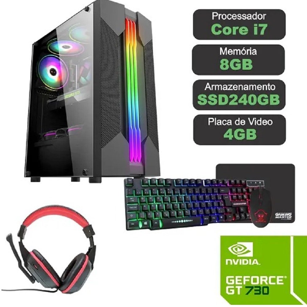 Computador Gamer TOB Intel Core i7 Wi-Fi SSD 960GB 16GB VGA GT730 4GB Windows 10 Pro Trial+Teclado/Mouse+Mouse Pad+Head+Monitor 21.5 PC