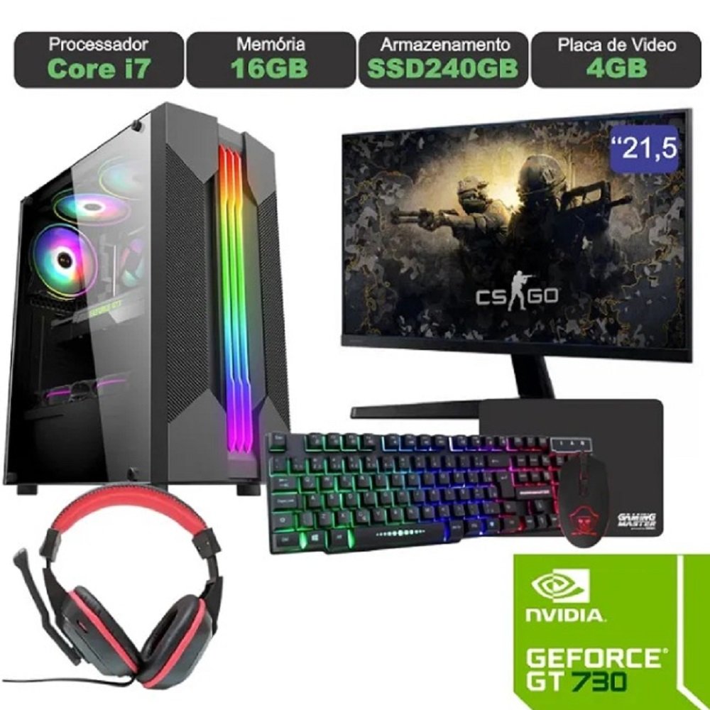 Computador Gamer TOB Intel Core i7 Wi-Fi SSD 960GB 16GB VGA GT730 4GB Windows 10 Pro Trial+Teclado/Mouse+Mouse Pad+Head+Monitor 21.5 PC