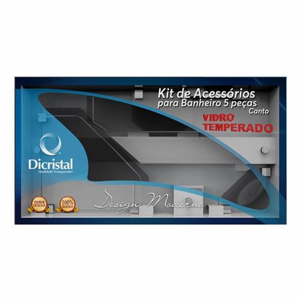 Kit Acessorios Para Banheiro Luxo 5 Peças Canto Vidro Fumê Temperado 8mm