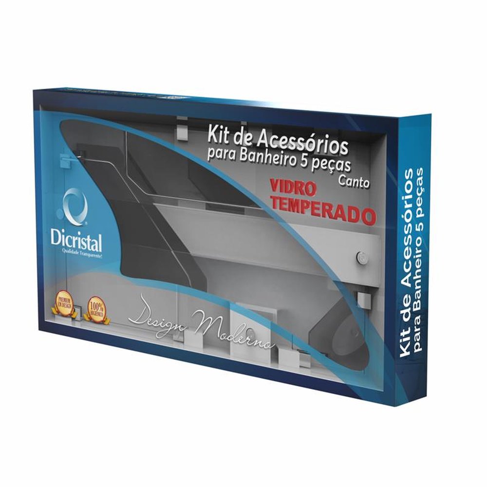 Kit Acessorios Para Banheiro Luxo 5 Peças Canto Vidro Fumê Temperado 8mm