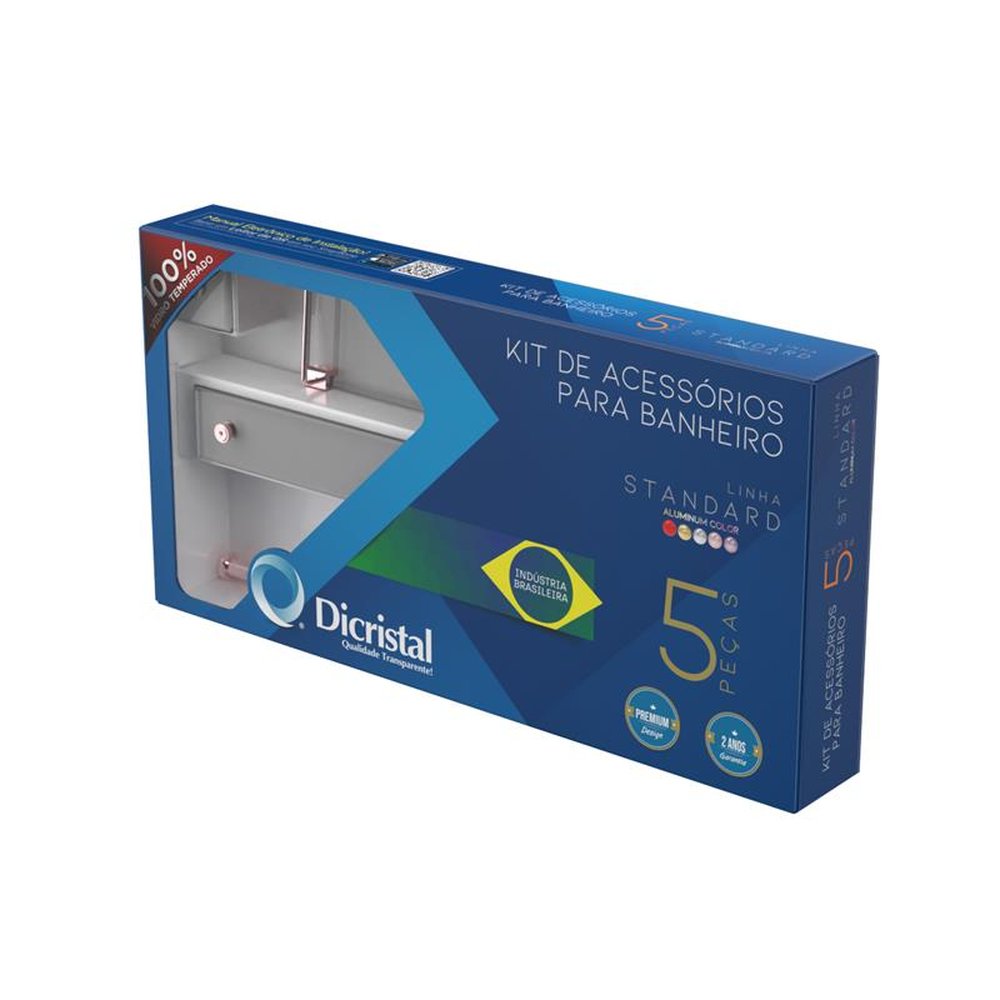 Kit Acessorios Para Banheiro Rose 5 Peças Reto Vidro Fumê Temperado 8mm
