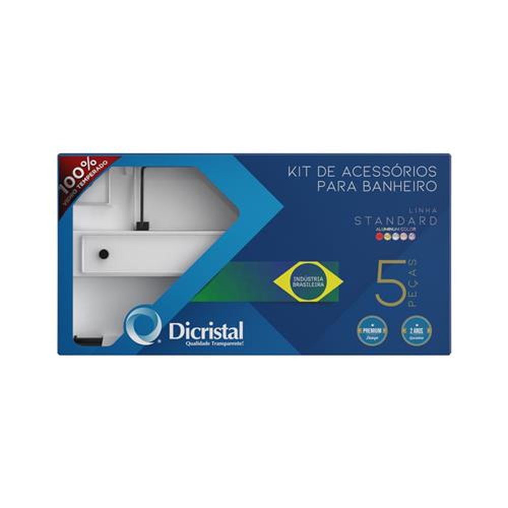 Kit Acessorios Para Banheiro Preto 5 Peças Reto Vidro Incolor Temperado 8mm
